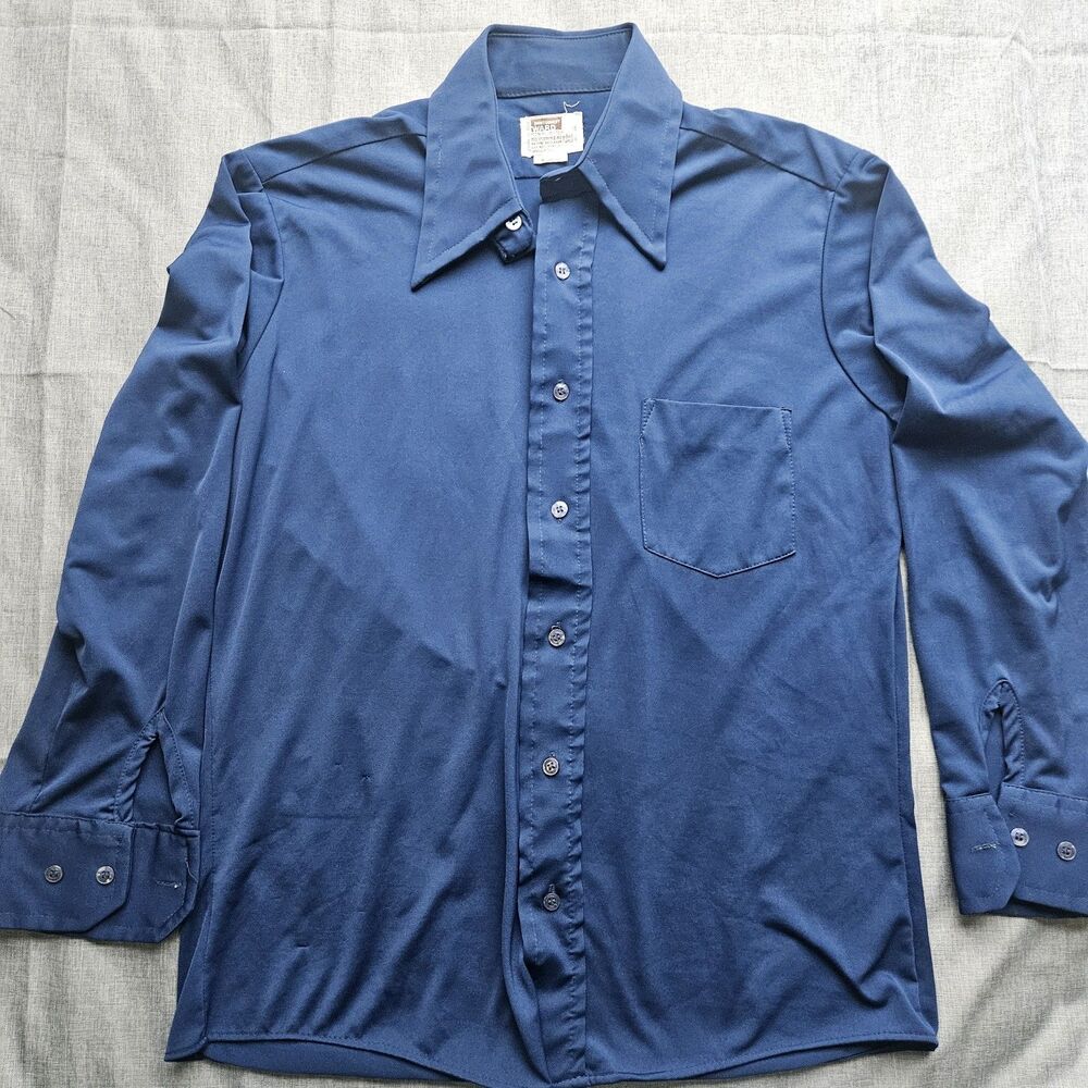 Vintage Montgomery Ward Mens 16 32/33 Blue Polyester Disco Dress Shirt 70s...